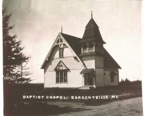 The Sargentville Chapel was built in 1891. Originally the door opened to the side. Now it opens toward Reach Road.