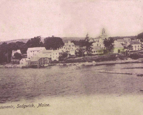 Here is a busy Sedgwick Village in the early 20th century. At one time everything that moved in or out of town, people or goods, did so by water. There was great activity at the water front where schooners and steamboats landed and picked up their freight.