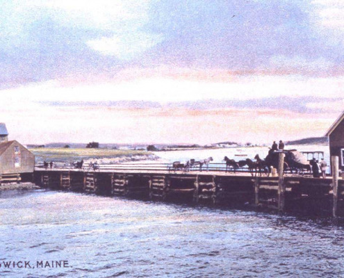 This view of the Sedgwick Wharf at Carter’s Point shows a stage coach on the wharf and Hosea Phillips cottage in the field.