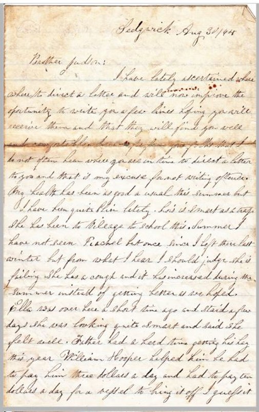 1864 letter from Lavina Sargent to Judson Gray