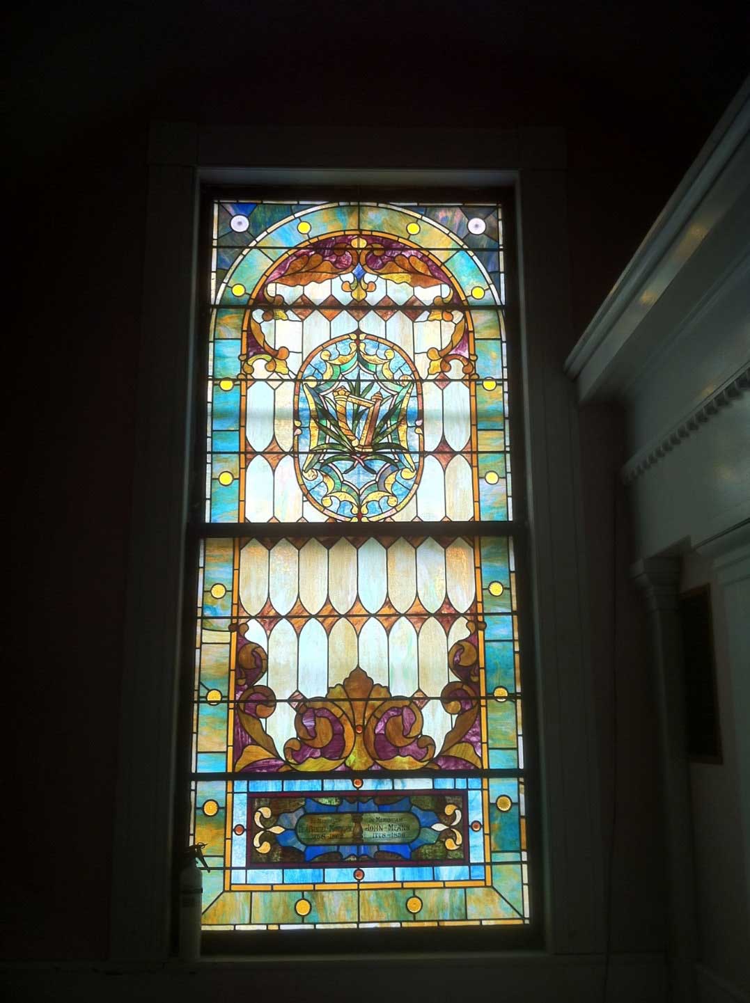 John Means contributed to the creation and installation of the beautiful stained glass windows in the First Baptist Church.  His name is in the bottom right of this window and Deacon Daniel Morgan’s is to the left.
