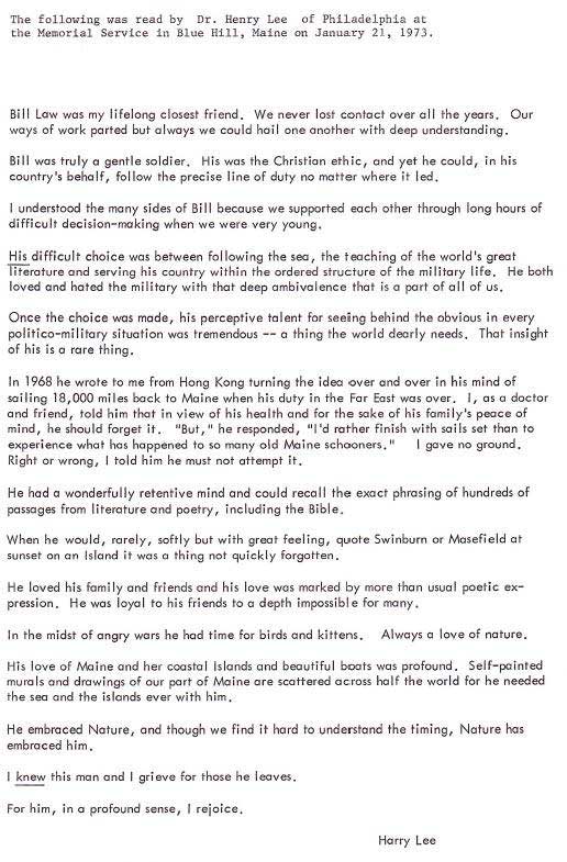 The service and obituary for William Law, Col. U.S.A. (ret.)