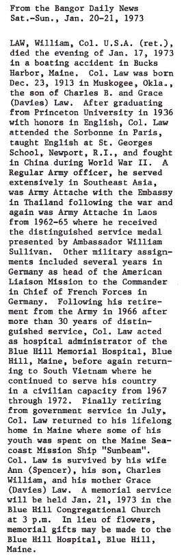The service and obituary for William Law, Col. U.S.A. (ret.)