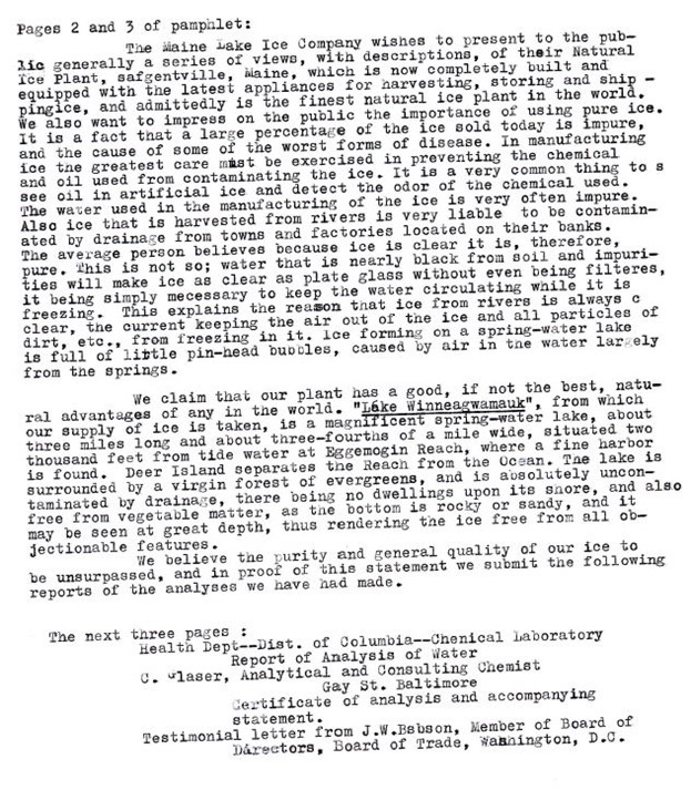 The following text is from a pamphlet created by the Maine Lake Ice Company.