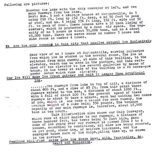 The following text is from a pamphlet created by the Maine Lake Ice Company.