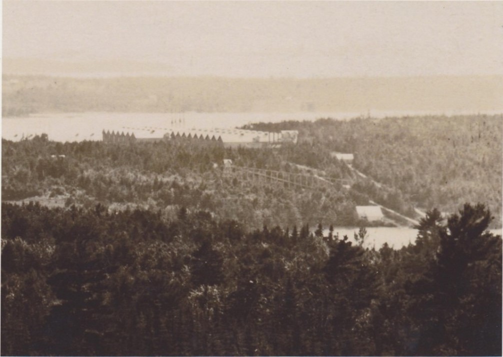 Huge ice storage buildings lay between Walker Pond and Eggemoggin Reach at the Punch Bowl.        Ice blocks, weighing about 350 pounds each, were cut from Walker Pond, moved up to the storage houses and then moved down the other side of the hill to the deep water docks at the Punch Bowl where it was picked up by ocean-going schooners.