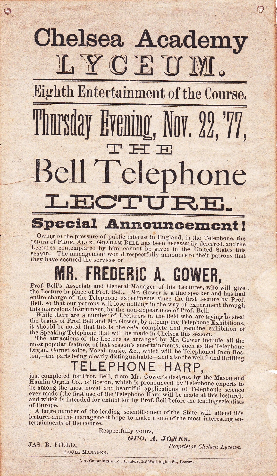 The Bell Telephone Lecture. Nov 22, '77