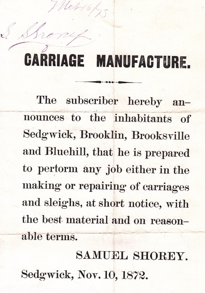 In 1872 Samuel sent out a flyer announcing the start of his business as a carriage manufacturer in Sedgwick