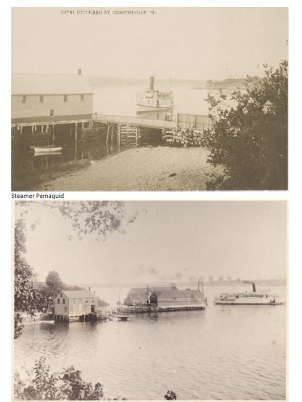 Steamer Pemaquid. Harding Sail Loft after it was moved in 1914 from the main wharf to a new building on Shore Road. Beyond the Sail Loft are the coal wharf, middle cannery building and the steamboat wharf beyond that.