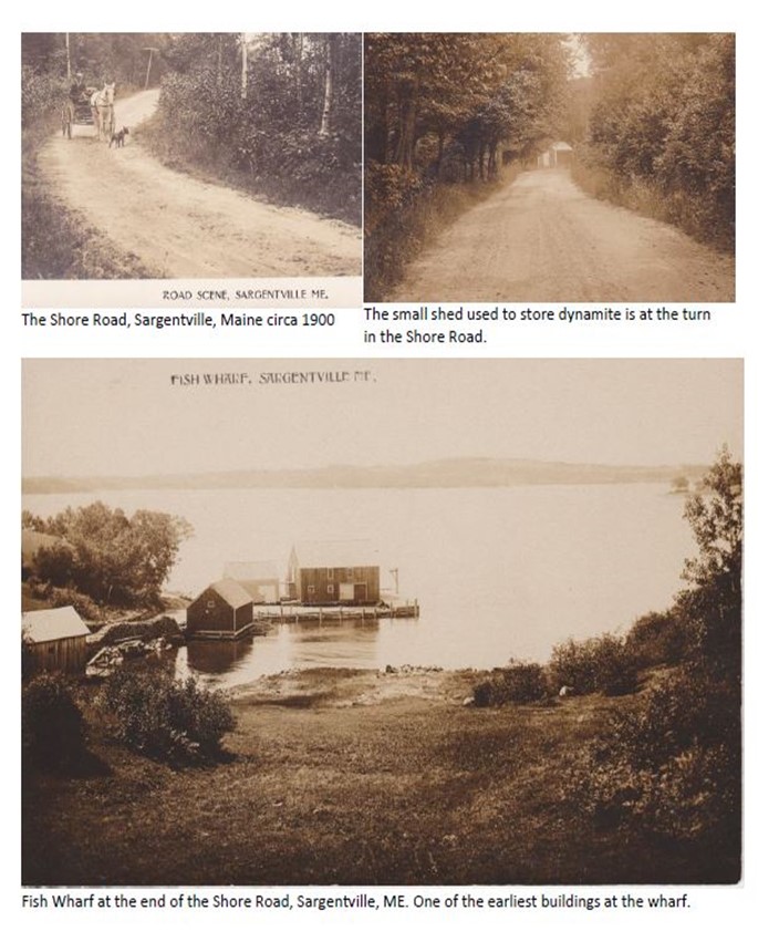 The Shore Road, circa 1900. The small shed used store dynamite. Fish Wharf at the end of the Shore Road, Sargentville, ME.