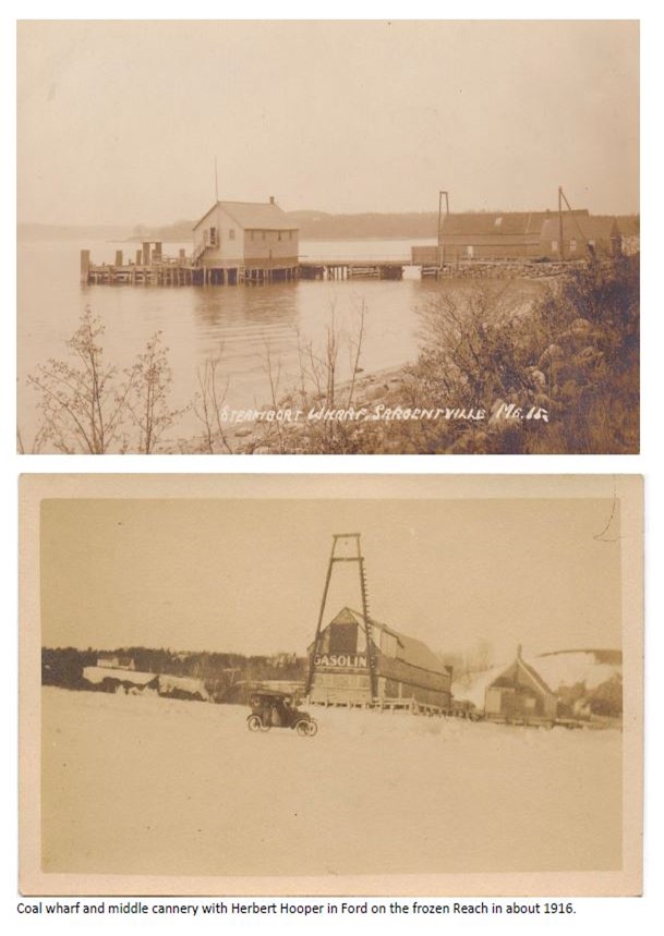 Coal wharf and middle cannery with Herber Hooper in Ford on the frozen Reach in about 1916.
