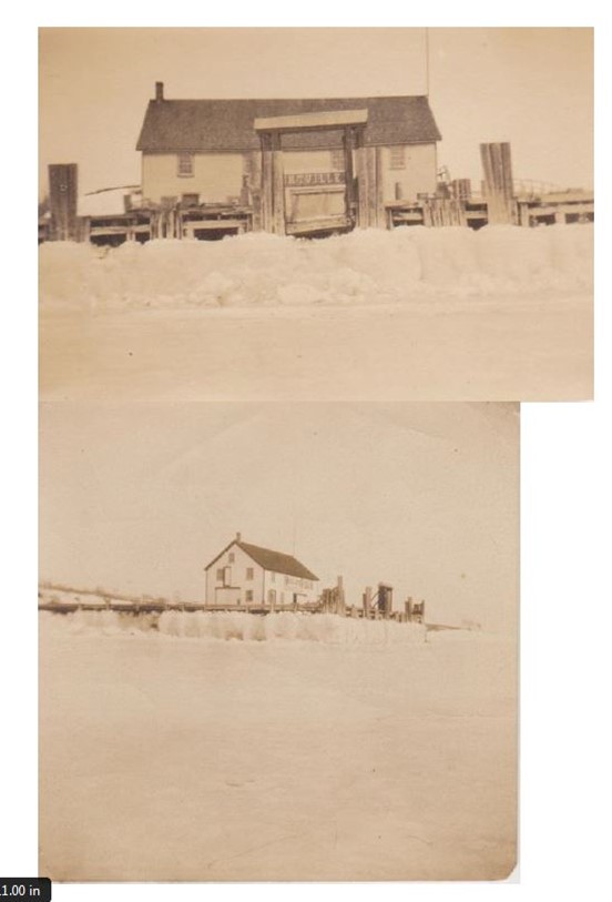 The steamboat wharf locked in ice in the winter