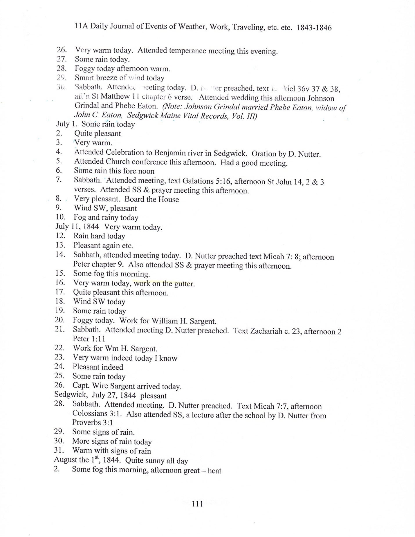 Journal of Abel Sawyer 1843-1846, ancestor of the Simmons family. Transcription by Barbara M. Grindle.