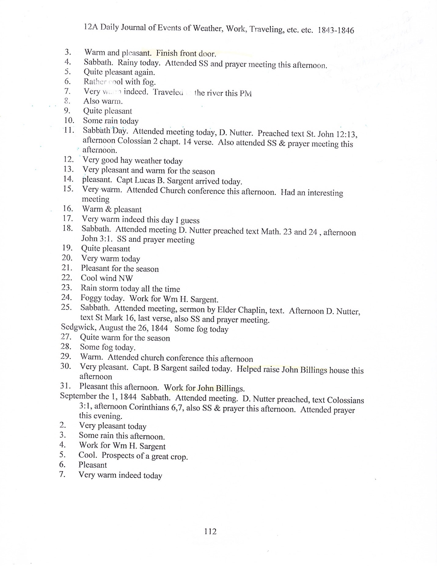 Journal of Abel Sawyer 1843-1846, ancestor of the Simmons family. Transcription by Barbara M. Grindle.
