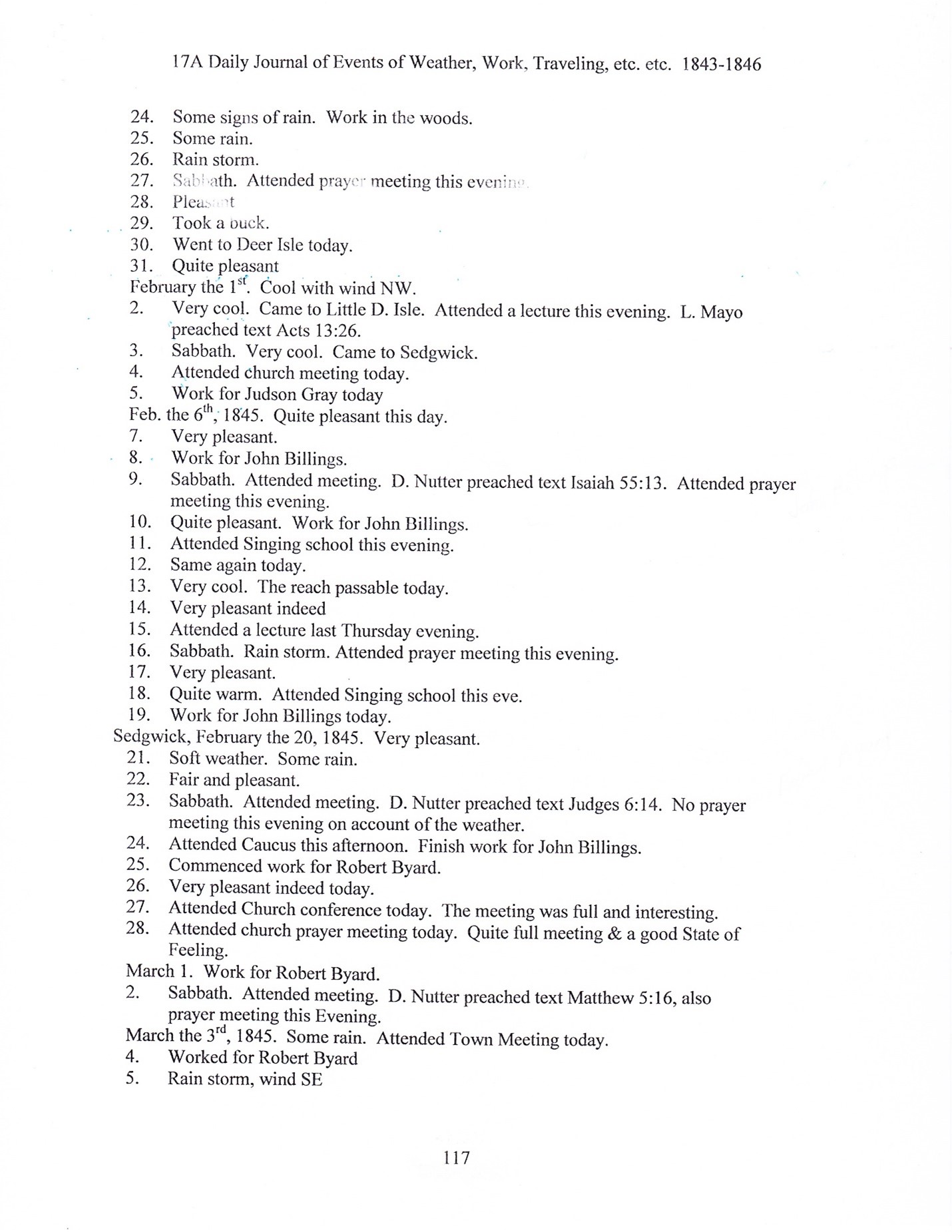Journal of Abel Sawyer 1843-1846, ancestor of the Simmons family. Transcription by Barbara M. Grindle.