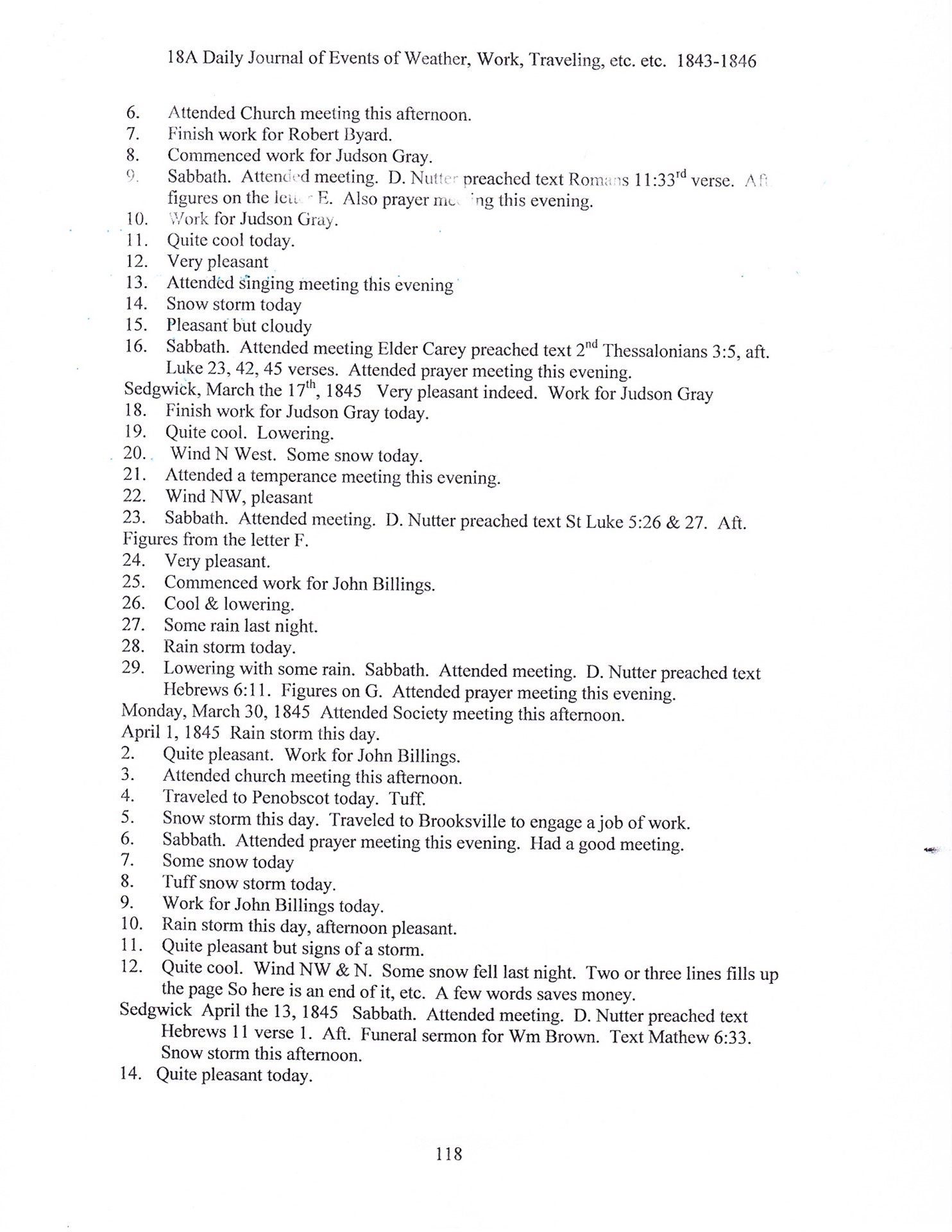 Journal of Abel Sawyer 1843-1846, ancestor of the Simmons family. Transcription by Barbara M. Grindle.