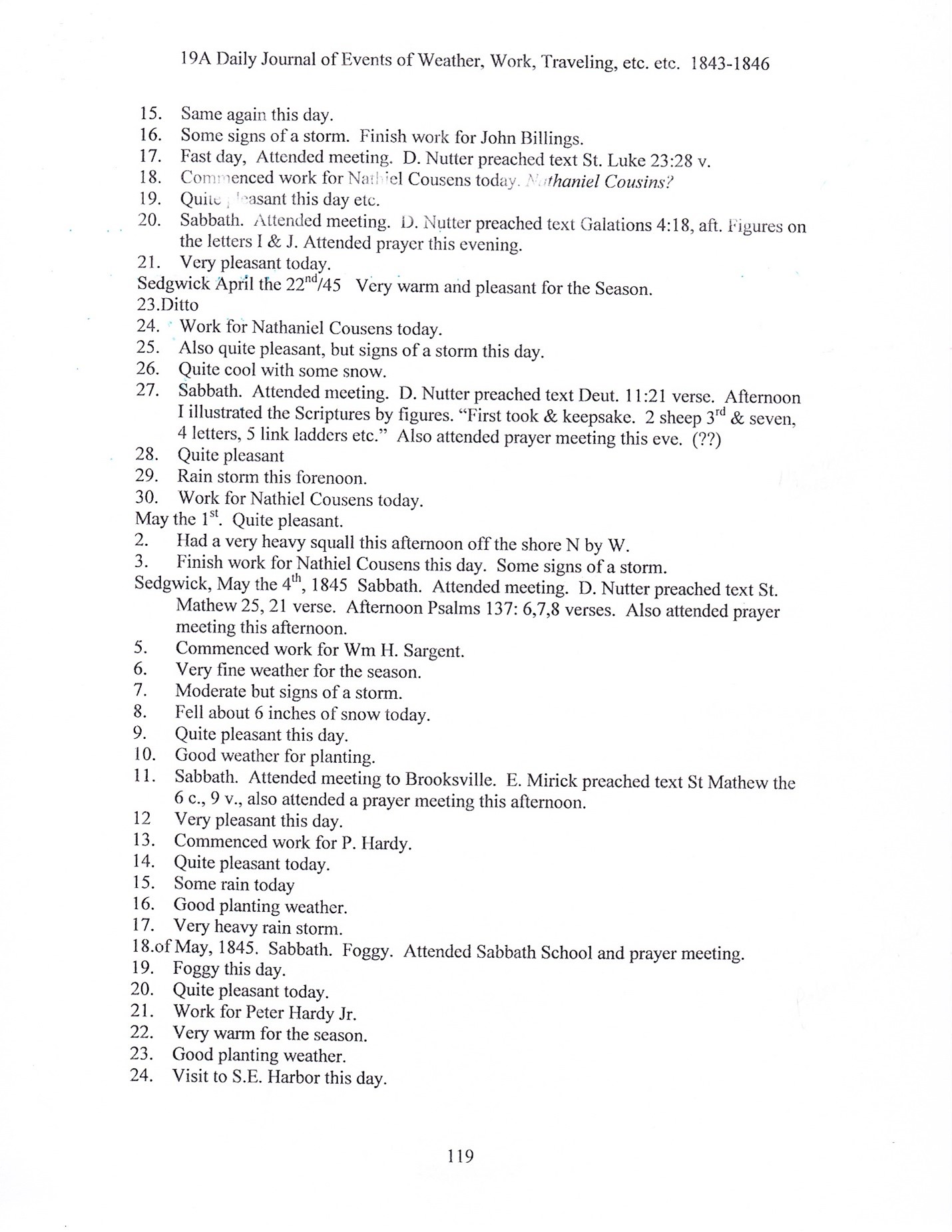 Journal of Abel Sawyer 1843-1846, ancestor of the Simmons family. Transcription by Barbara M. Grindle.
