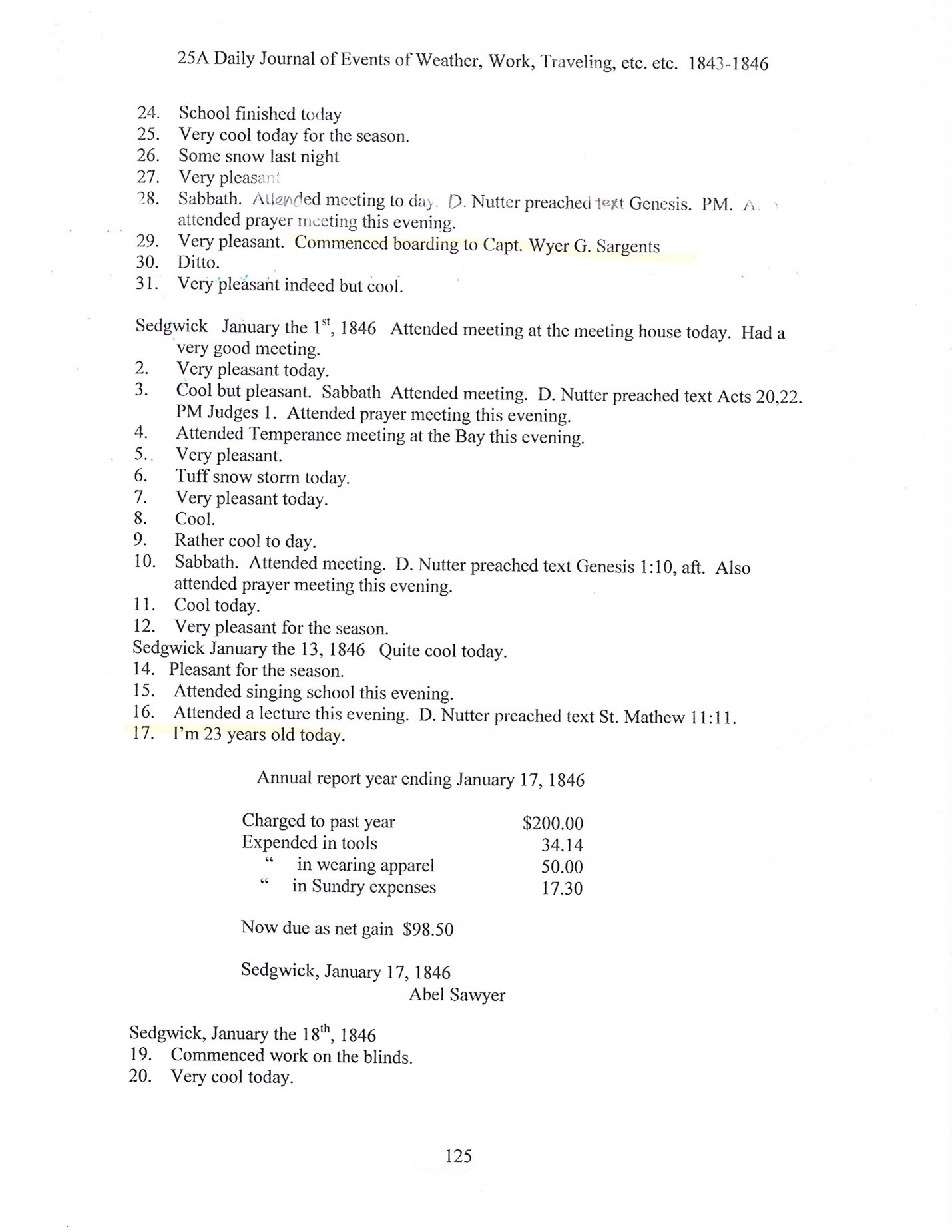 Journal of Abel Sawyer 1843-1846, ancestor of the Simmons family. Transcription by Barbara M. Grindle.