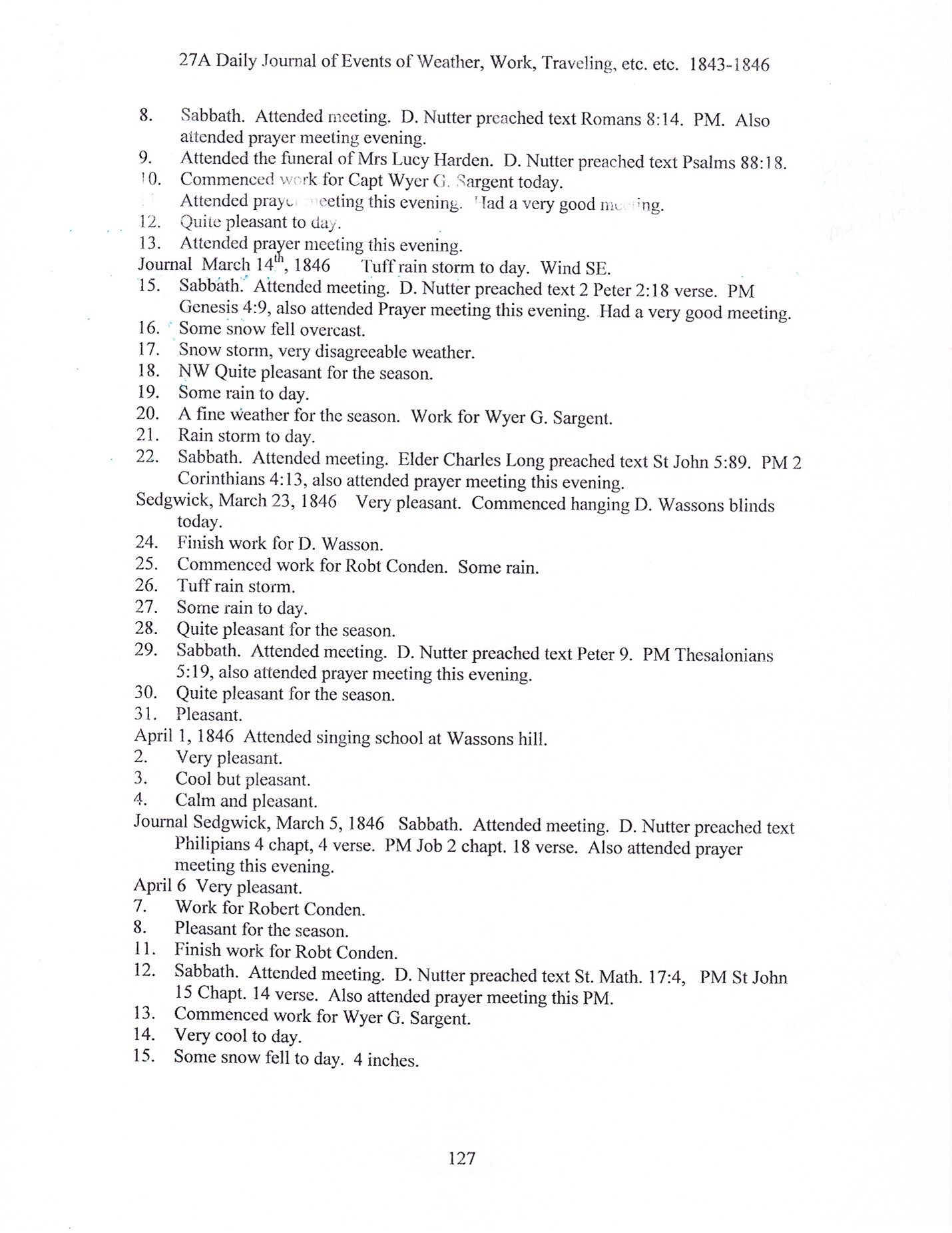 Journal of Abel Sawyer 1843-1846, ancestor of the Simmons family. Transcription by Barbara M. Grindle.