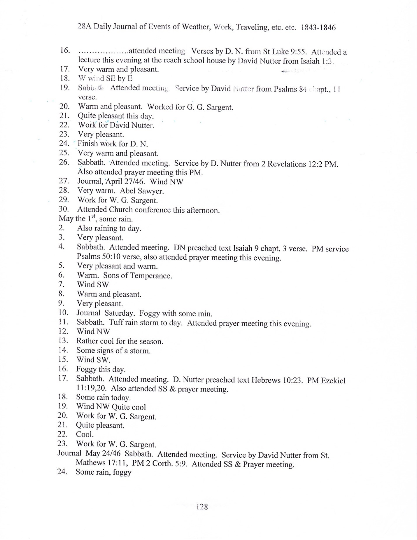 Journal of Abel Sawyer 1843-1846, ancestor of the Simmons family. Transcription by Barbara M. Grindle.