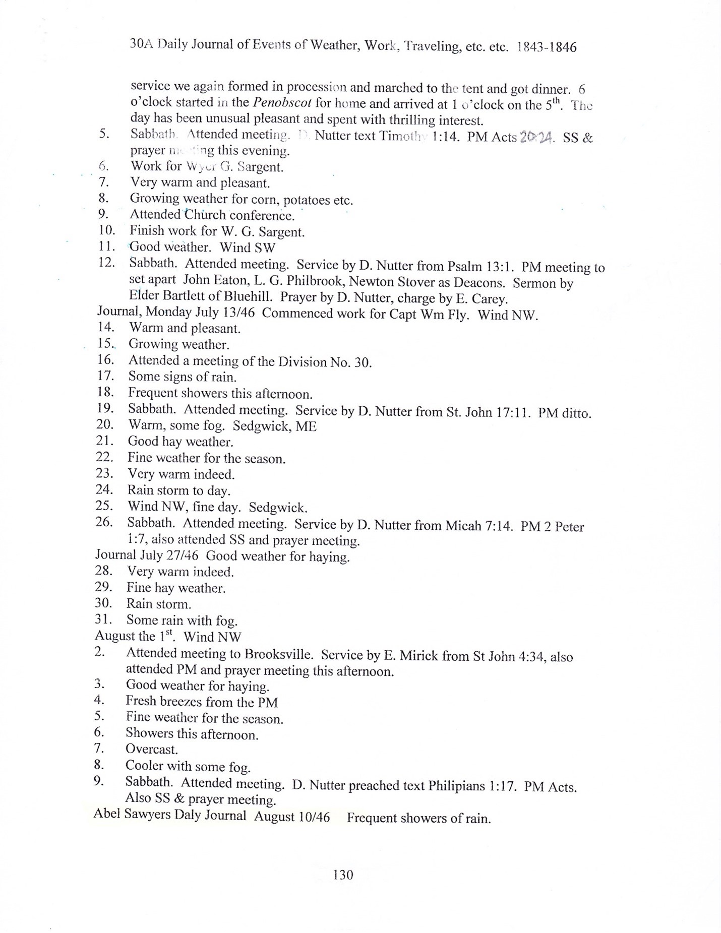 Journal of Abel Sawyer 1843-1846, ancestor of the Simmons family. Transcription by Barbara M. Grindle.