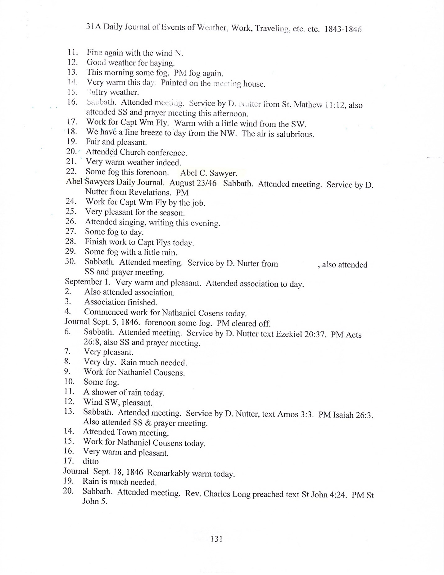 Journal of Abel Sawyer 1843-1846, ancestor of the Simmons family. Transcription by Barbara M. Grindle.