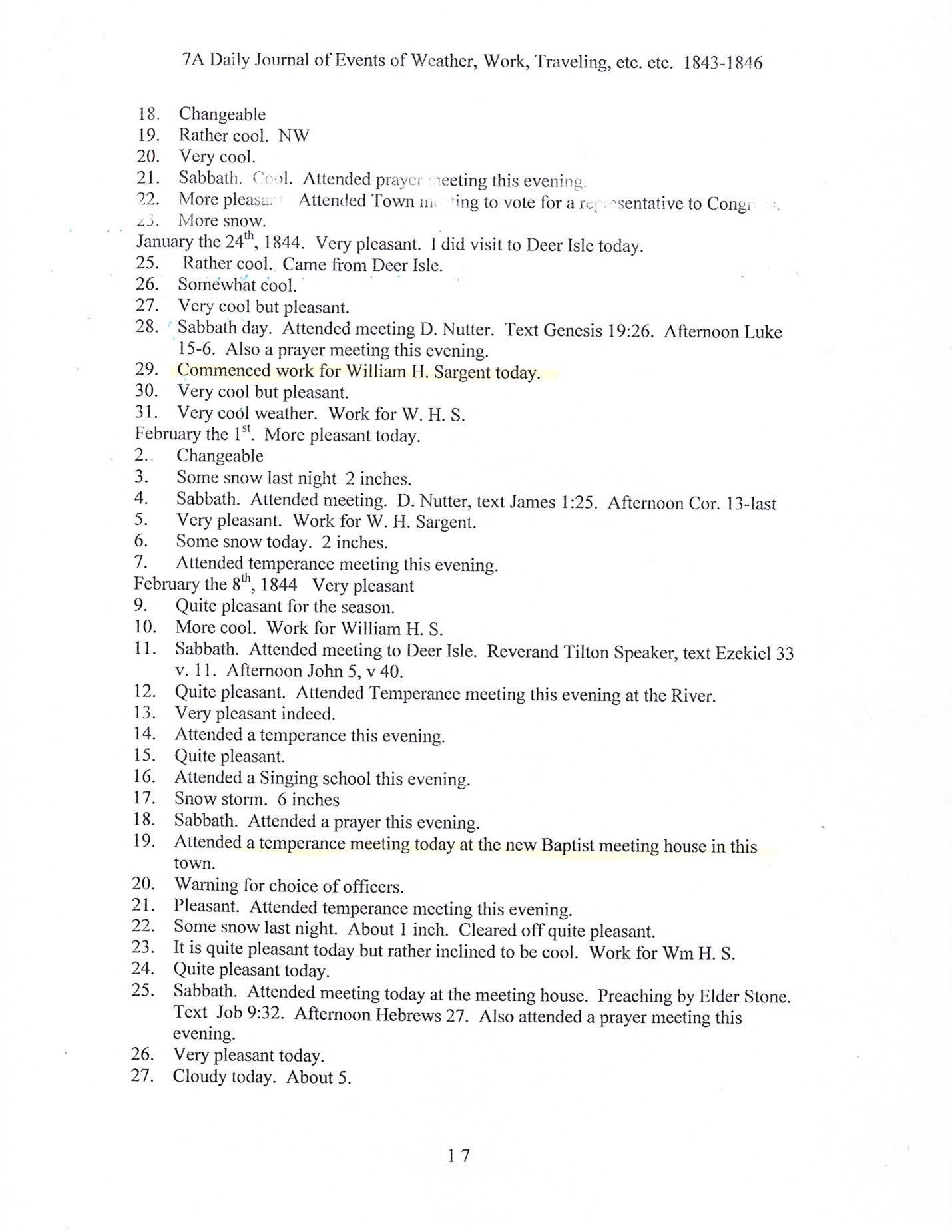 Journal of Abel Sawyer 1843-1846, ancestor of the Simmons family. Transcription by Barbara M. Grindle.