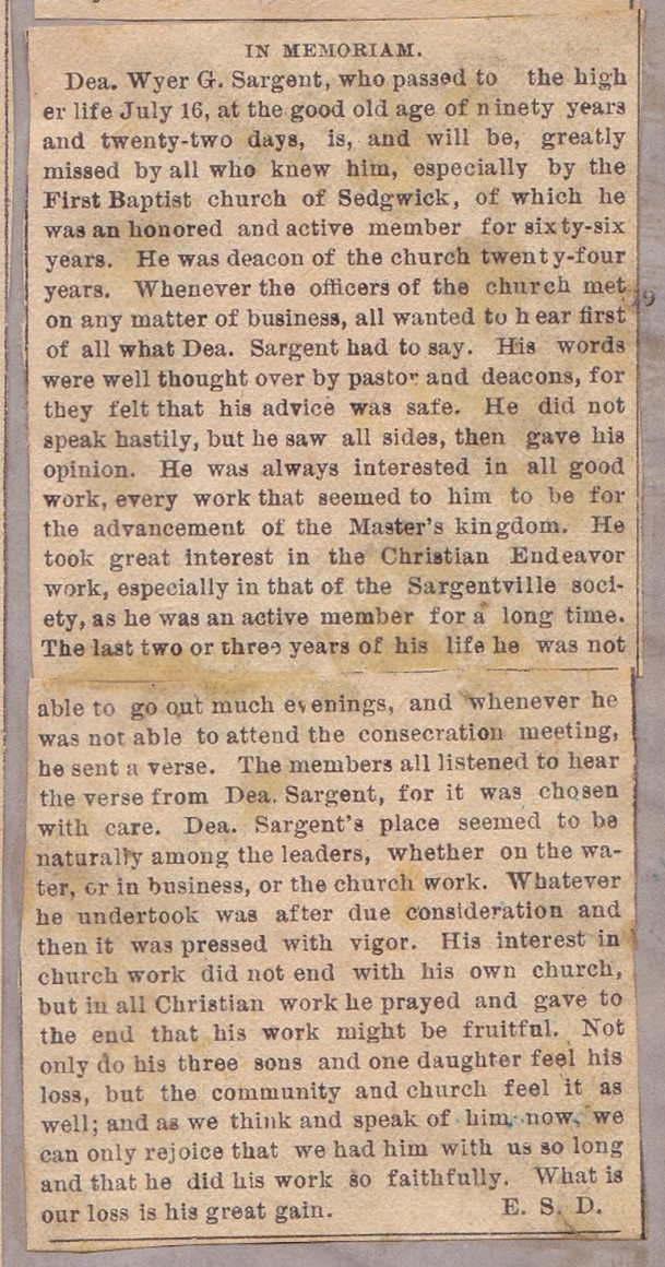 Wyer G. Sargent’s Obituary