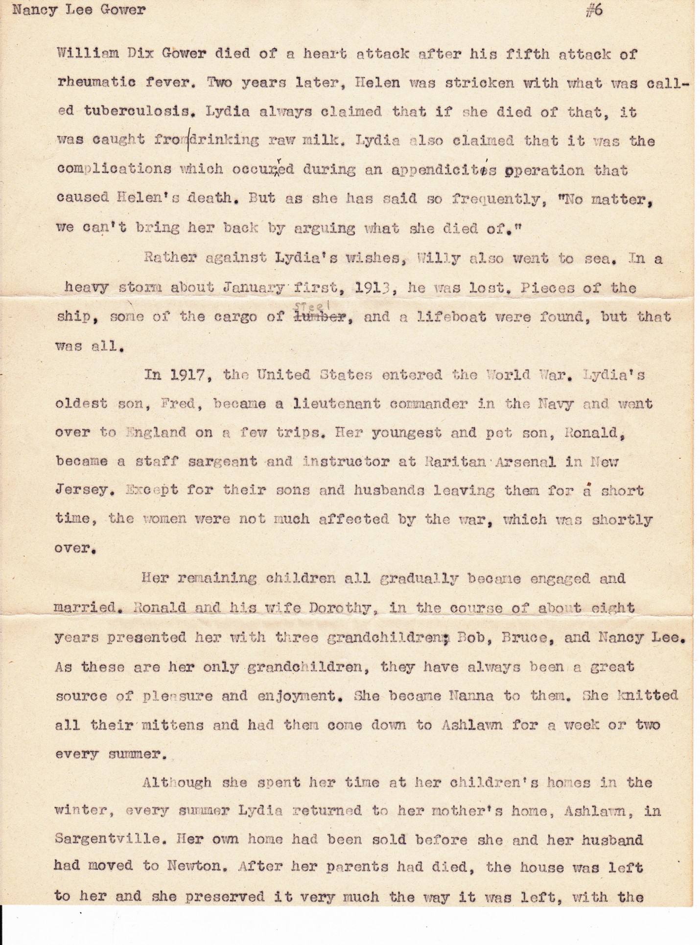 This story about Lydia was written by her granddaughter Nancy Lee Gower Hitchcock.