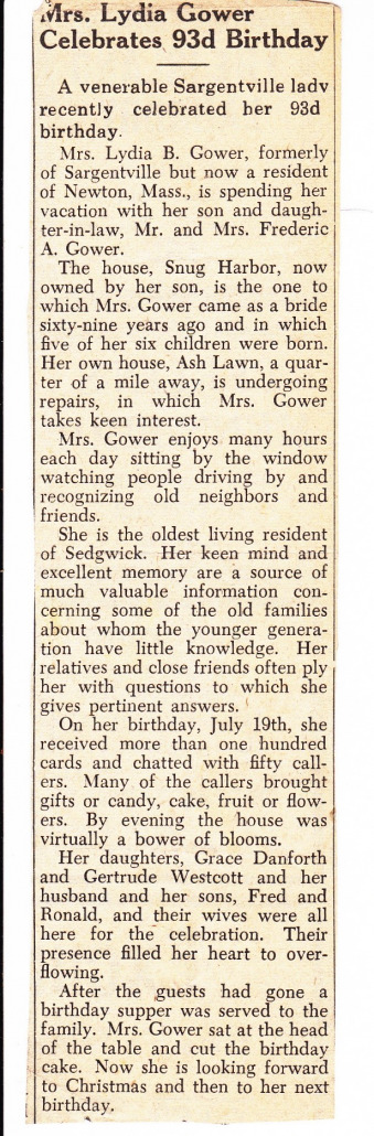 Mrs. Lydia Gower Celebrates 93d Birthday newspaper article