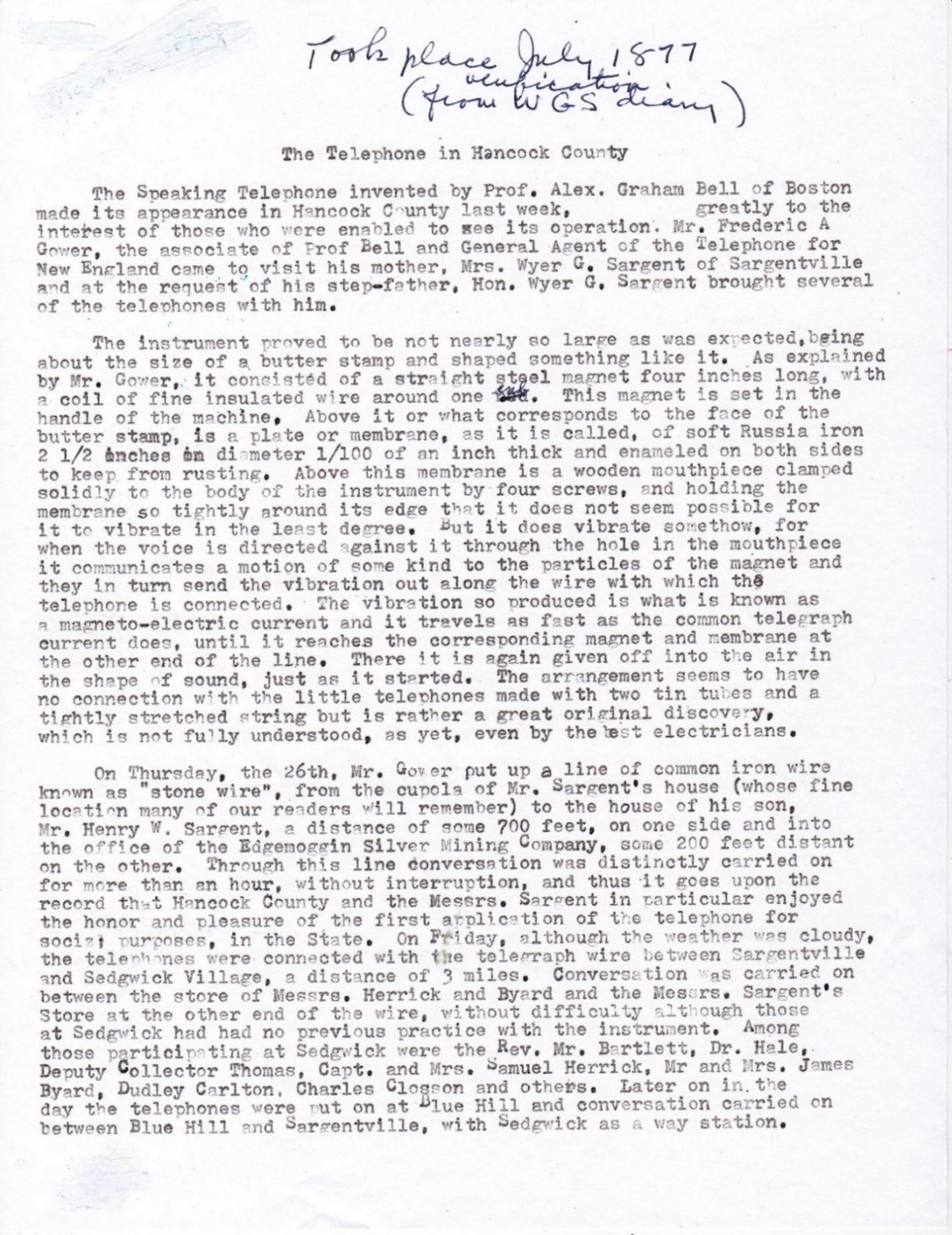 Frederick Allan Gower and the Telephone in Hancock County