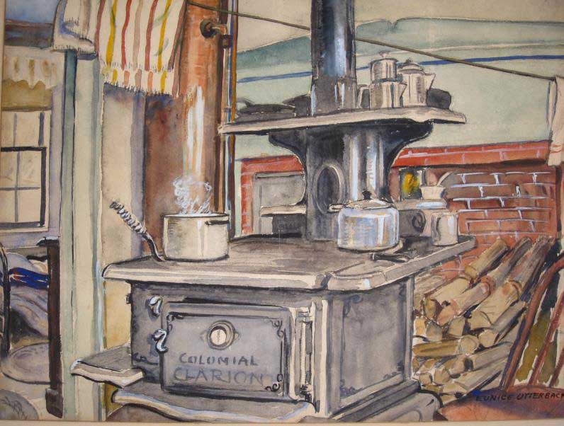 A painting by Eunice Utterback of the Clarion stove in Martha’s kitchen