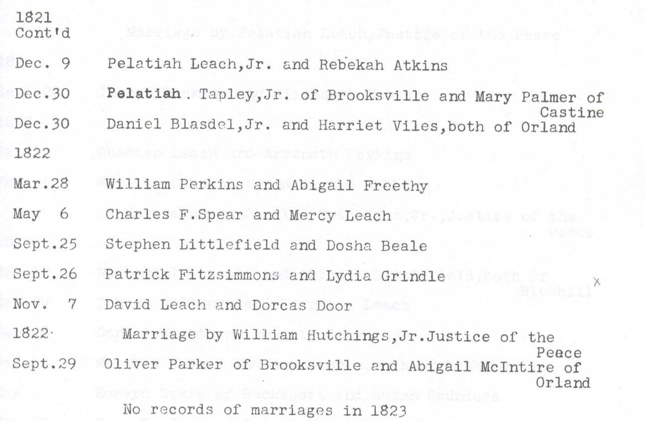 Vital Statistics copied from Town Records, Penobscot, Maine