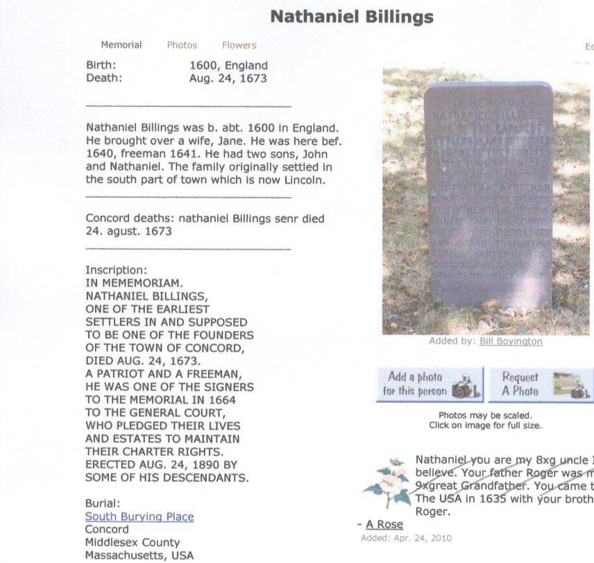 Nathaniel Billings Died 24 Aug 1673 in Concord, Middlesex, MA. Nathaniel was born in England about 1600. 