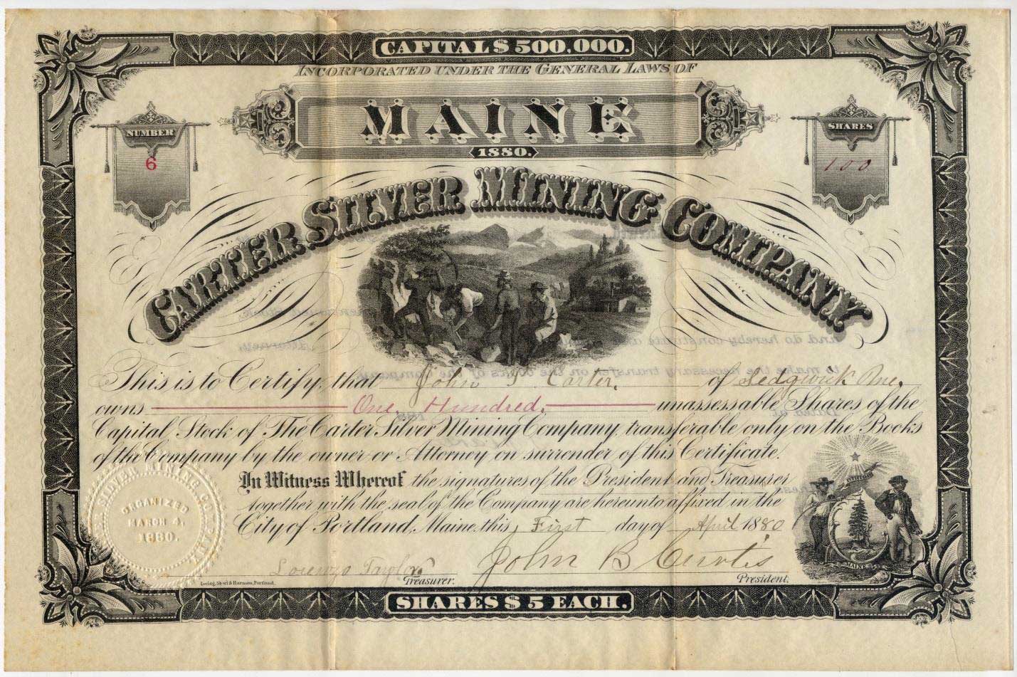 This certificate for shares in the Carter Silver Mining Company is in the Sargentville Library collection. It is unclear how, or if, it relates to the Eggemoggin Silver mining Company but we assume the share certificates would be similar to this one.